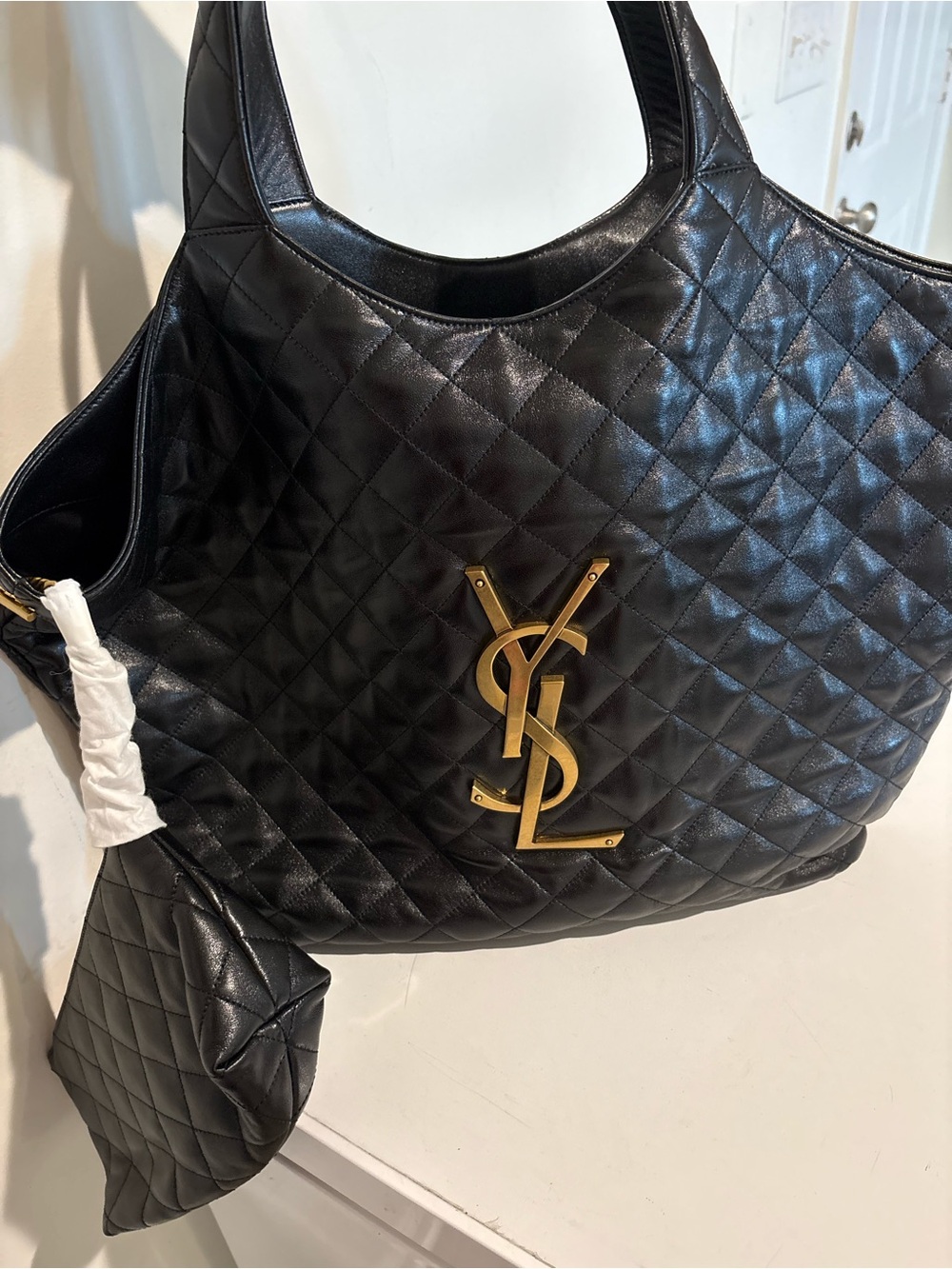 Saint Laurent Black Quilted Leather Shoulder Bag with Gold YSL Monogram